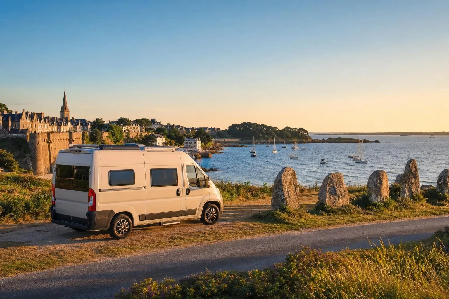 Van aménagé blanc vu de trois-quarts arrière, garé au bord de l'eau devant des remparts de pierre et une vieille ville fortifiée, un petit port de voiliers et un alignement de menhirs au premier plan, au coucher du soleil